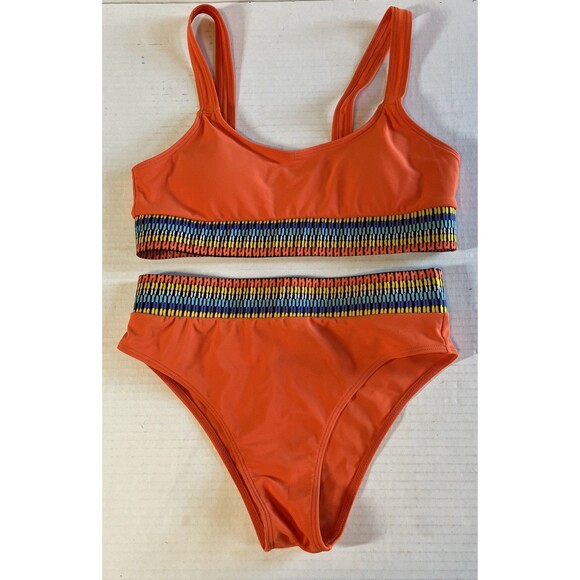 Women’s Small 2-piece Swimsuit Bikini Orange Multi-Colored Band High Waist Retro - Picture 1 of 6